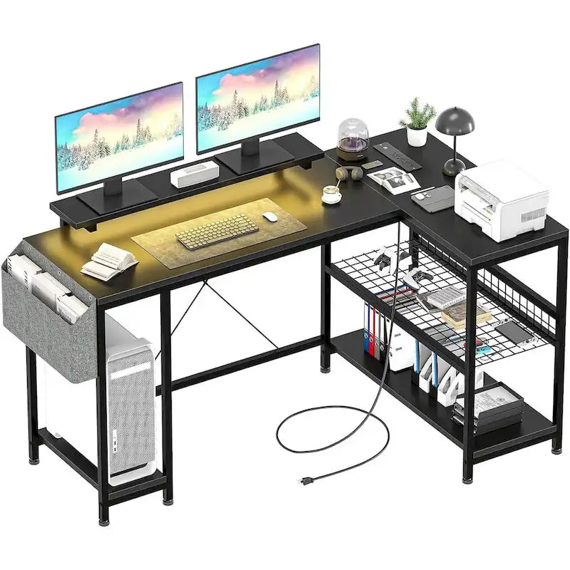 Bureau d'angle en L avec lumières LED, prises électriques, ports USB, étagères de rangement et poches latérales