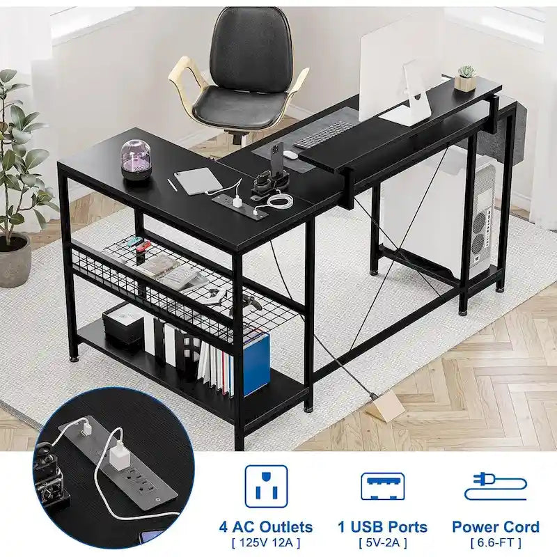 Bureau d'angle en L avec lumières LED, prises électriques, ports USB, étagères de rangement et poches latérales
