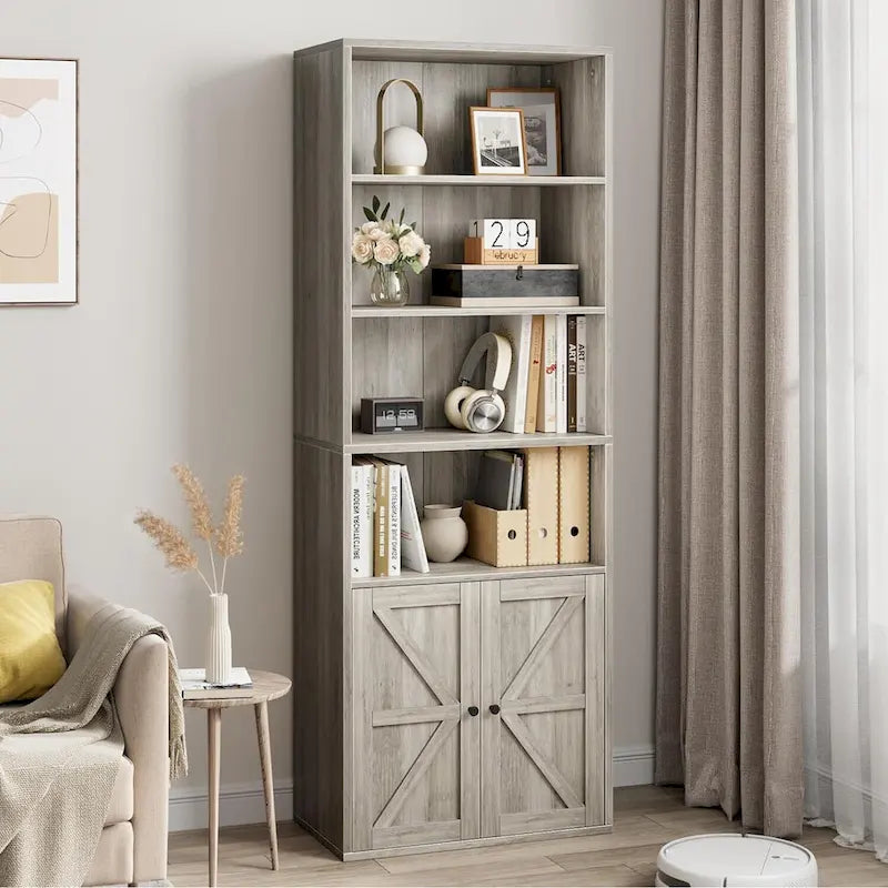 Bibliothèque rustique de ferme avec portes de grange et armoire à étagères ouvertes