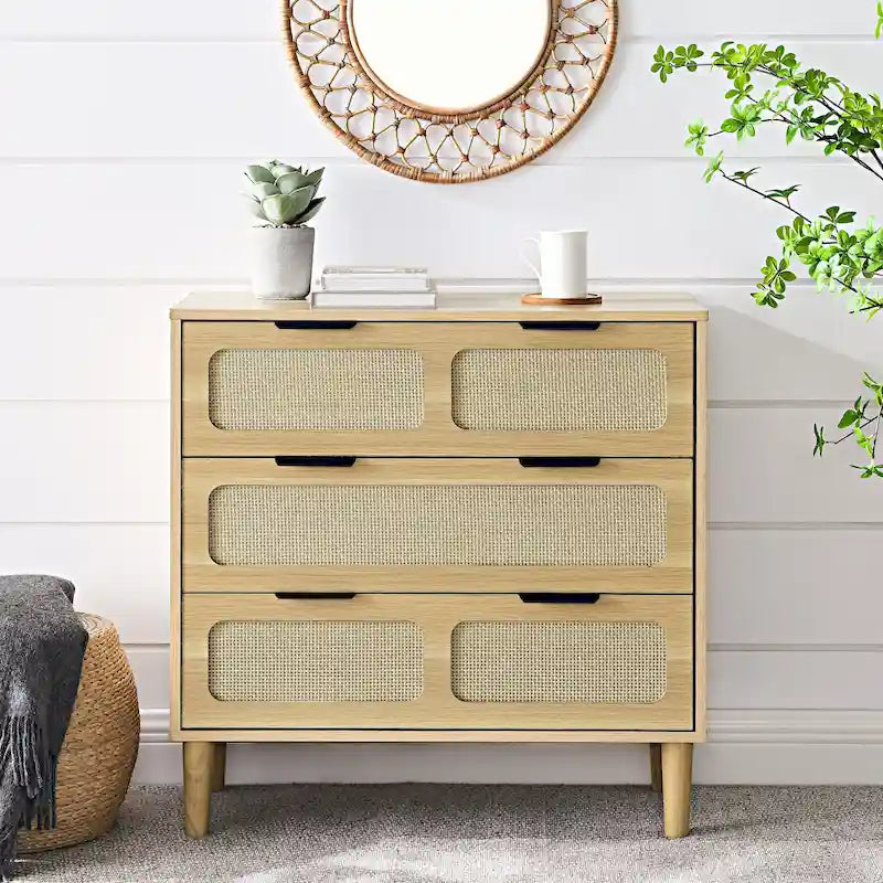 3-Drawer Rattan Wood Dresser with Gold Metal Handles, Wide Storage Chest, Natural Boho Style