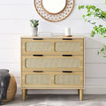 3-Drawer Rattan Wood Dresser with Gold Metal Handles, Wide Storage Chest, Natural Boho Style