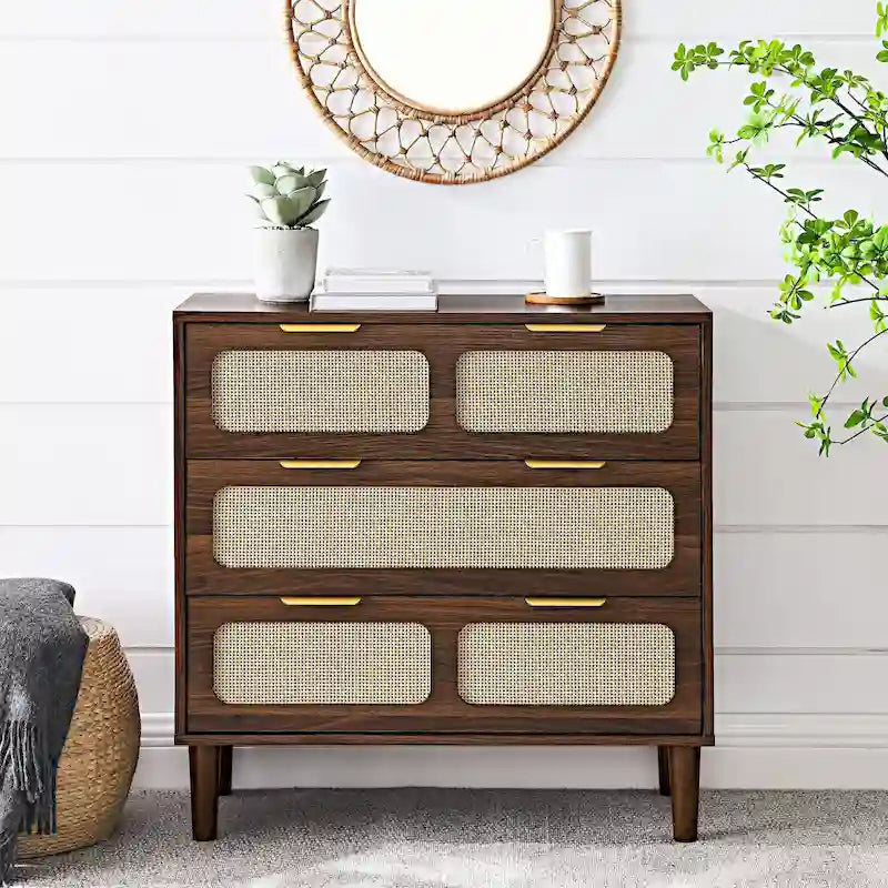 Commode en bois de rotin à 3 tiroirs avec poignées en métal doré, grand buffet de rangement, style bohème naturel