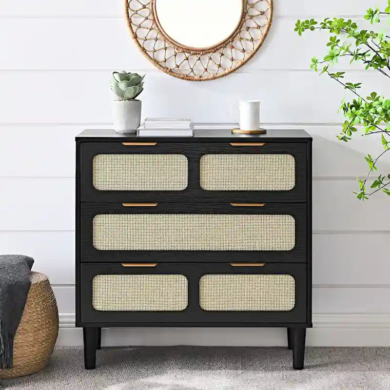 Commode en bois de rotin à 3 tiroirs avec poignées en métal doré, grand buffet de rangement, style bohème naturel