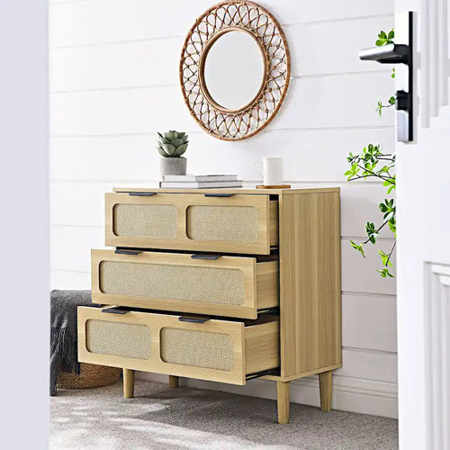 3-Drawer Rattan Wood Dresser with Gold Metal Handles, Wide Storage Chest, Natural Boho Style