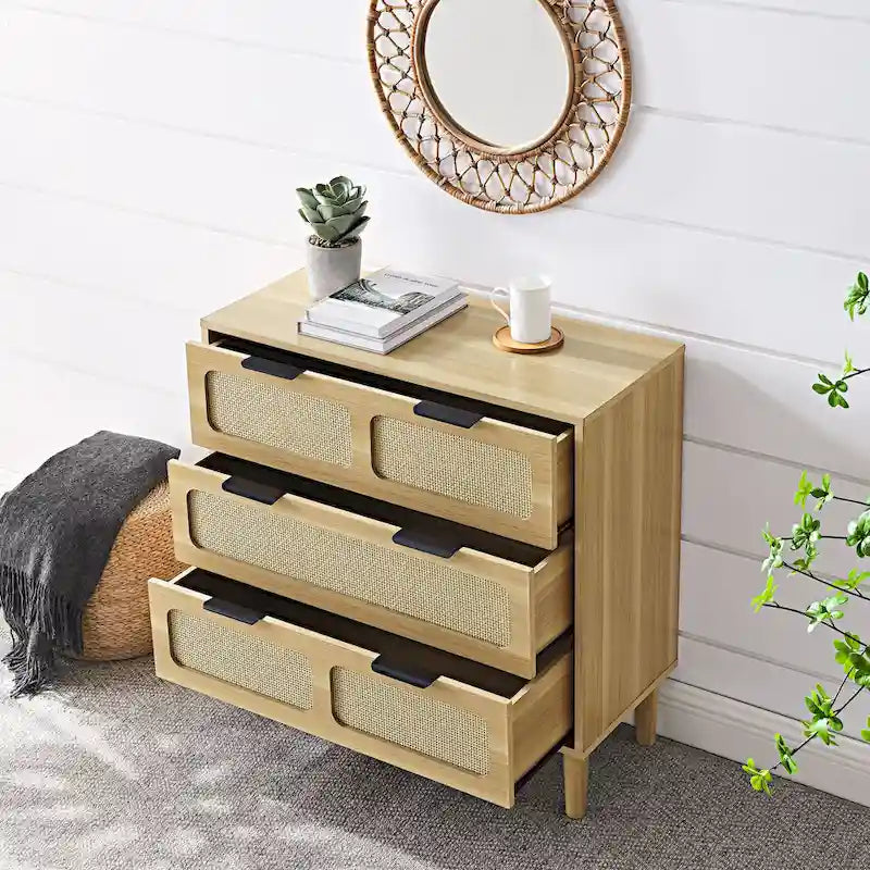 3-Drawer Rattan Wood Dresser with Gold Metal Handles, Wide Storage Chest, Natural Boho Style