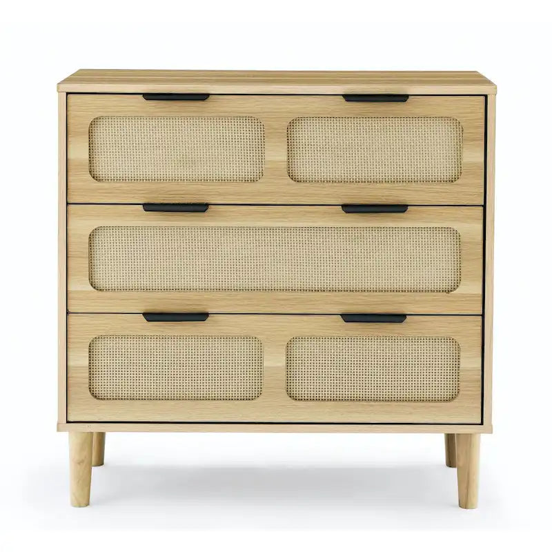 3-Drawer Rattan Wood Dresser with Gold Metal Handles, Wide Storage Chest, Natural Boho Style
