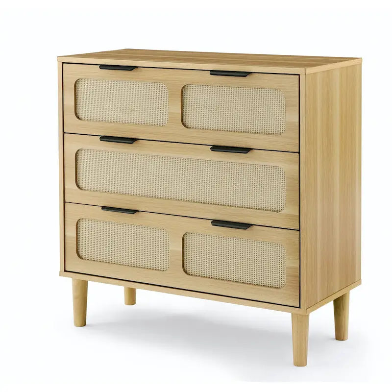 3-Drawer Rattan Wood Dresser with Gold Metal Handles, Wide Storage Chest, Natural Boho Style
