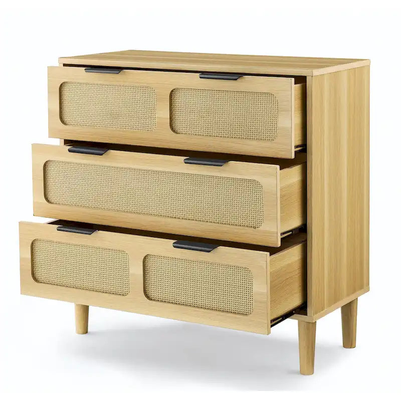 3-Drawer Rattan Wood Dresser with Gold Metal Handles, Wide Storage Chest, Natural Boho Style