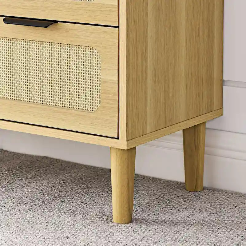 3-Drawer Rattan Wood Dresser with Gold Metal Handles, Wide Storage Chest, Natural Boho Style