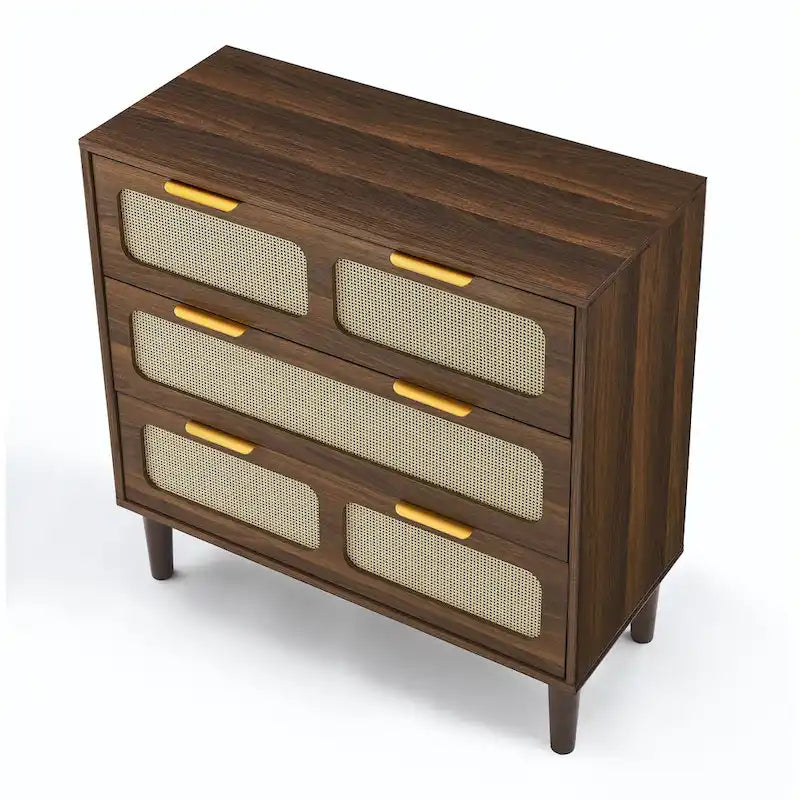 3-Drawer Rattan Wood Dresser with Gold Metal Handles, Wide Storage Chest, Natural Boho Style