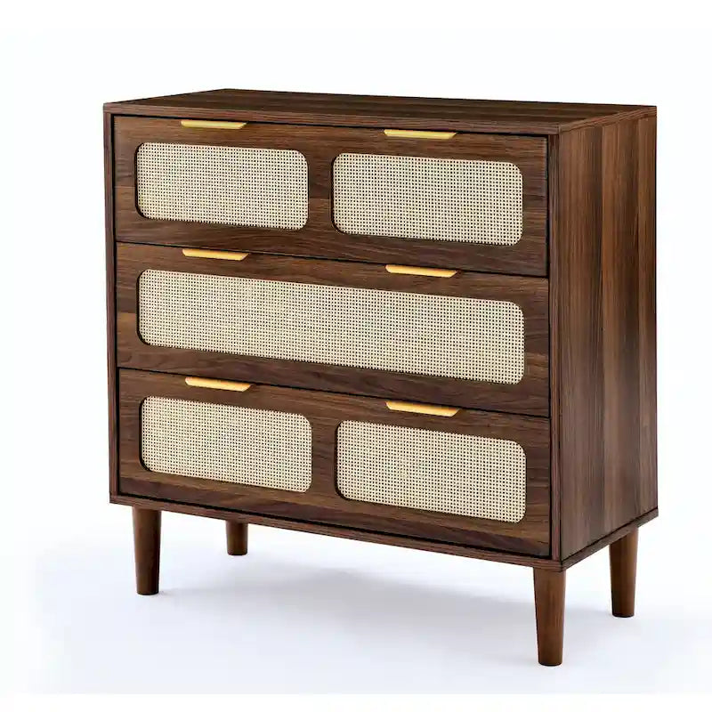 3-Drawer Rattan Wood Dresser with Gold Metal Handles, Wide Storage Chest, Natural Boho Style