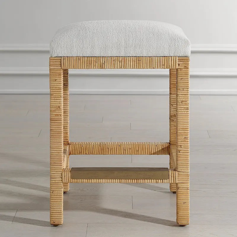 Hand-Woven Rattan Counter Stool with Upholstered Seat Antique Gold Footrest Brown