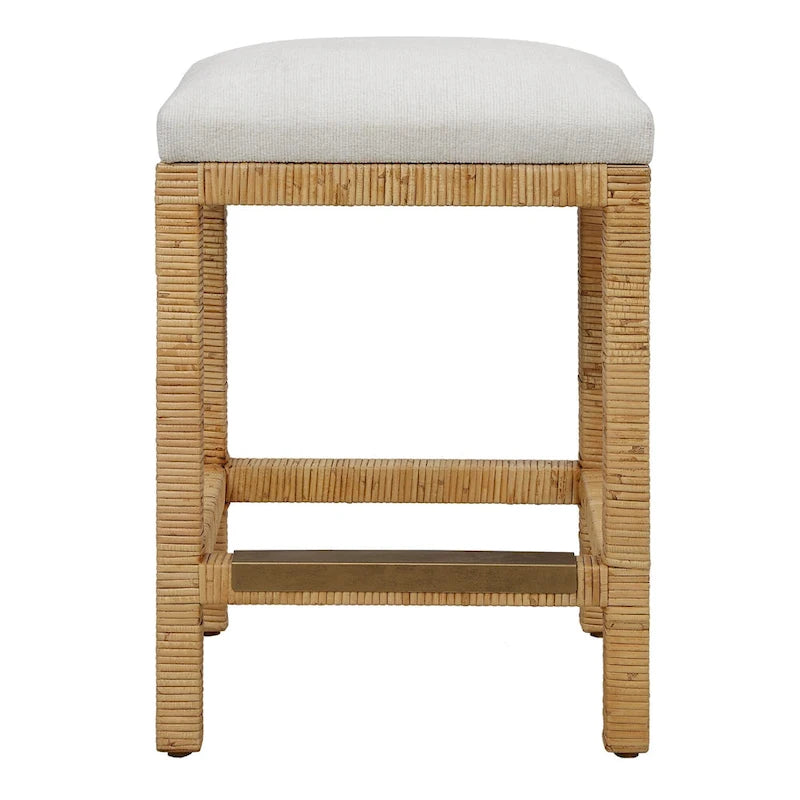 Hand-Woven Rattan Counter Stool with Upholstered Seat Antique Gold Footrest Brown