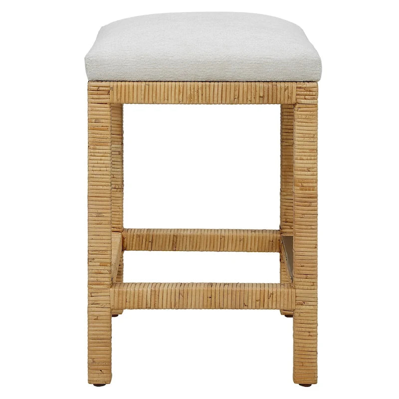 Hand-Woven Rattan Counter Stool with Upholstered Seat Antique Gold Footrest Brown