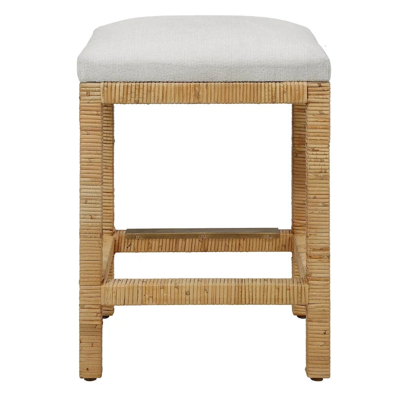 Hand-Woven Rattan Counter Stool with Upholstered Seat Antique Gold Footrest Brown