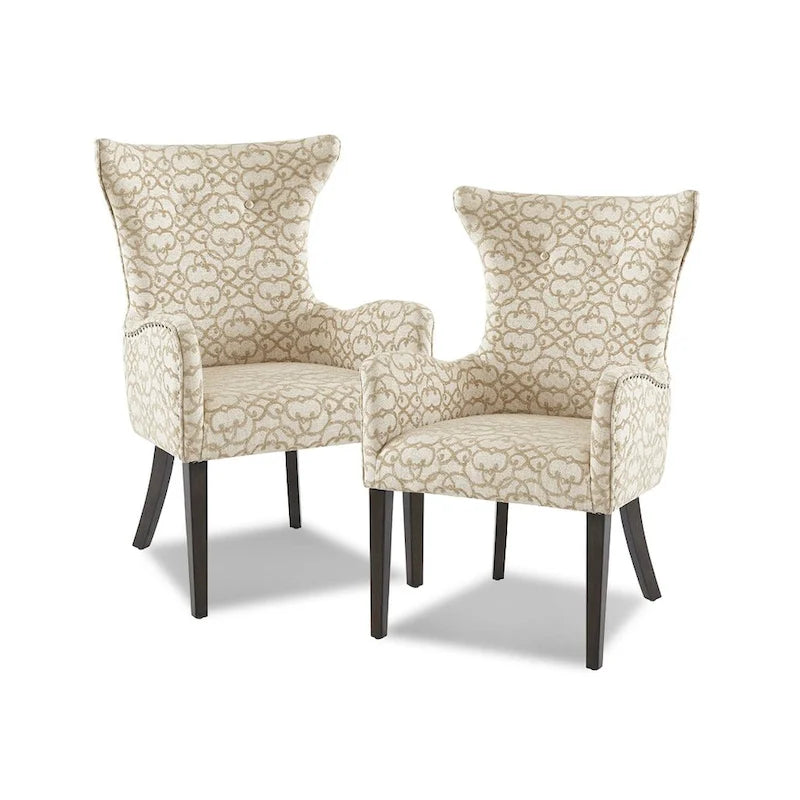 Chaise de salle à manger à oreilles avec accoudoirs, revêtement floral beige, clous décoratifs en bronze et pieds en bois foncé