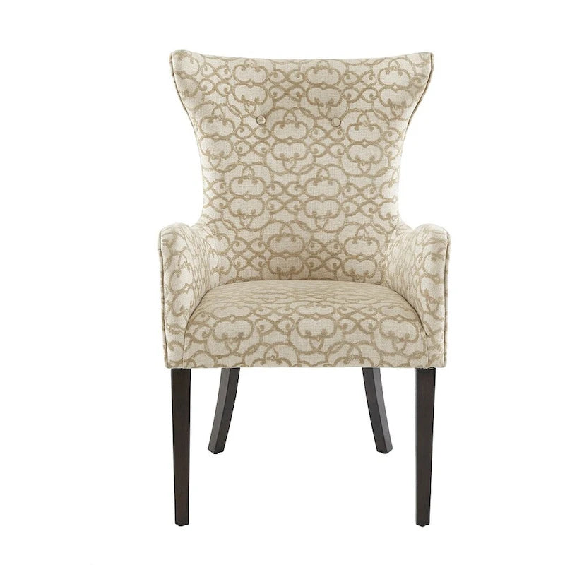 Chaise de salle à manger à oreilles avec accoudoirs, revêtement floral beige, clous décoratifs en bronze et pieds en bois foncé