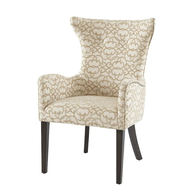 Chaise de salle à manger à oreilles avec accoudoirs, revêtement floral beige, clous décoratifs en bronze et pieds en bois foncé