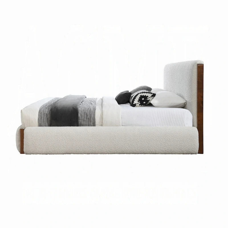 Lit Queen en Bouclette Blanche à Profil Bas avec Cadre en Bois Noyer Marron