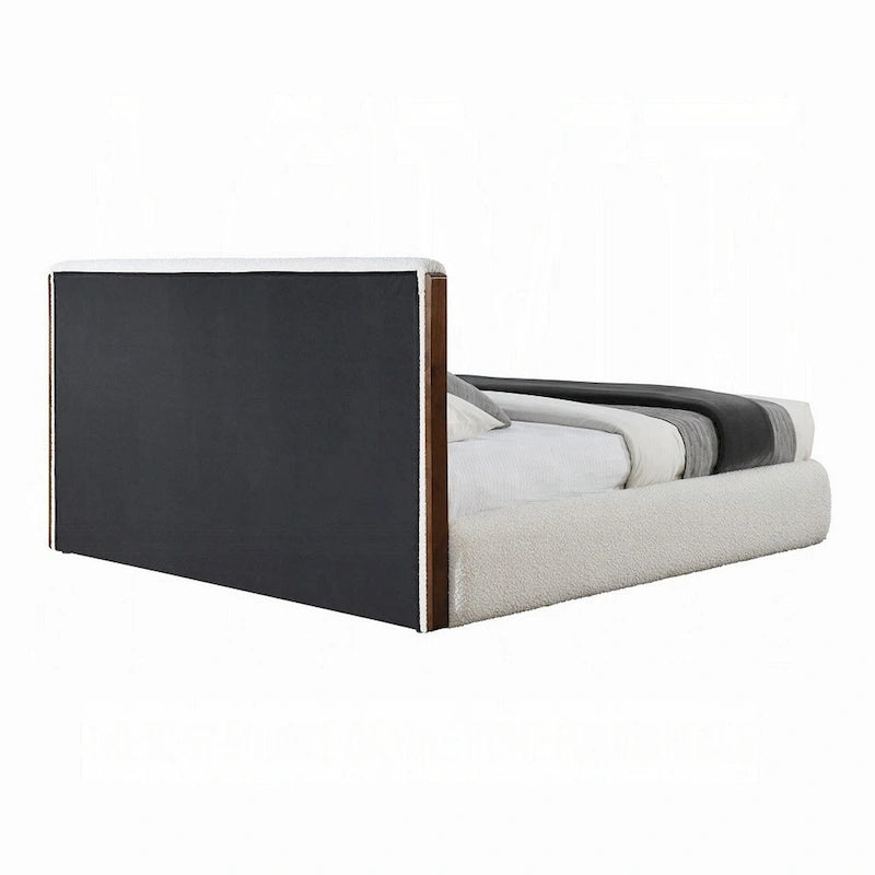 Lit Queen en Bouclette Blanche à Profil Bas avec Cadre en Bois Noyer Marron