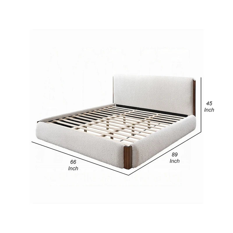 Lit Queen en Bouclette Blanche à Profil Bas avec Cadre en Bois Noyer Marron
