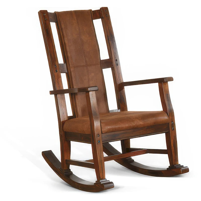 Mahogany Wood Rocking Chair with Faux Leather Cushioned Seat Dark Brown