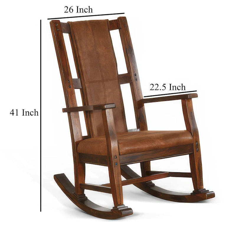 Mahogany Wood Rocking Chair with Faux Leather Cushioned Seat Dark Brown