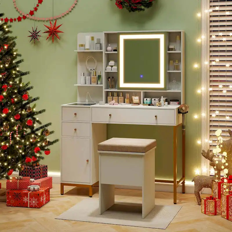 Coiffeuse Blanc et Or avec Miroir LED et Station de Recharge