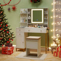Coiffeuse Blanc et Or avec Miroir LED et Station de Recharge