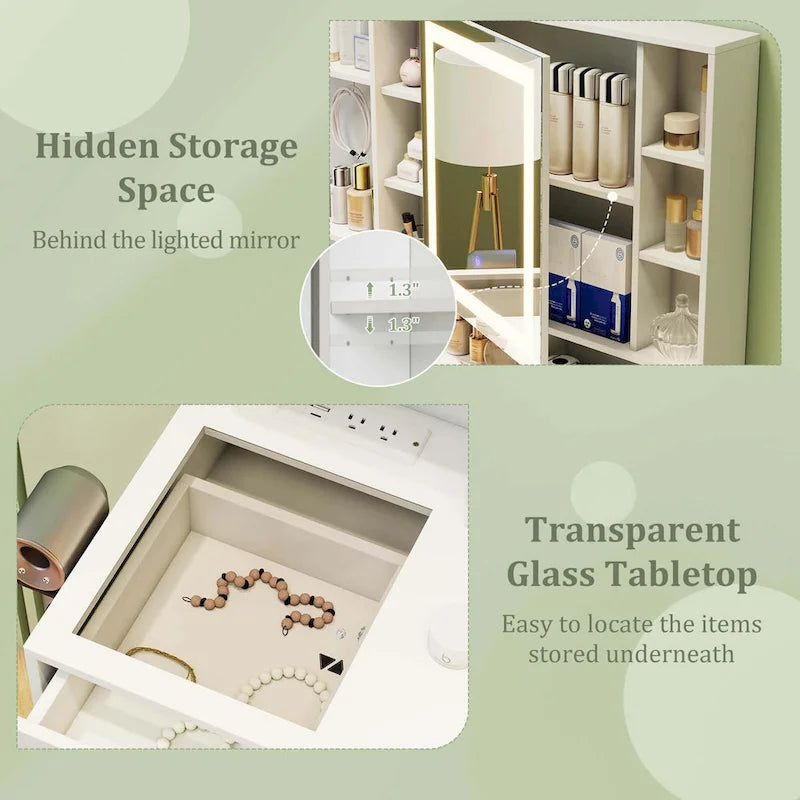 Coiffeuse Blanc et Or avec Miroir LED et Station de Recharge