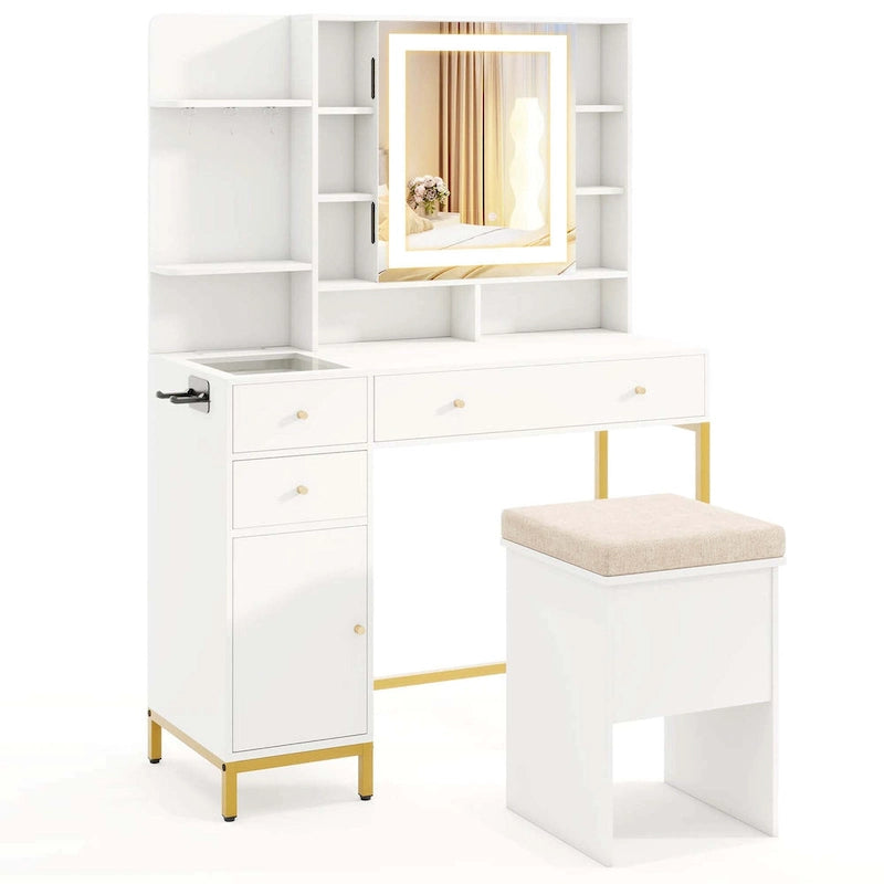 Coiffeuse Blanc et Or avec Miroir LED et Station de Recharge