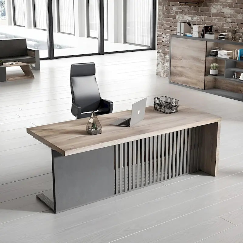 Bureau de direction en L avec plateau en bois et cadre en acier