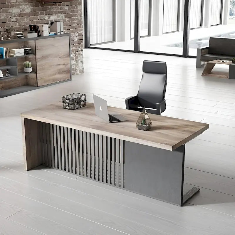 Bureau de direction en L avec plateau en bois et cadre en acier