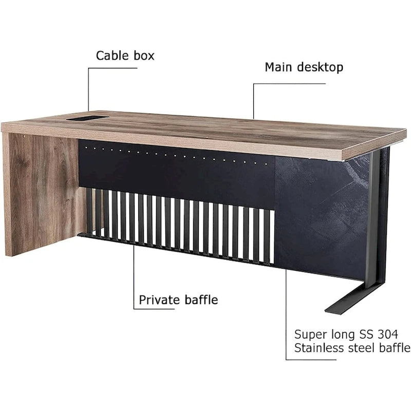 Bureau de direction en L avec plateau en bois et cadre en acier