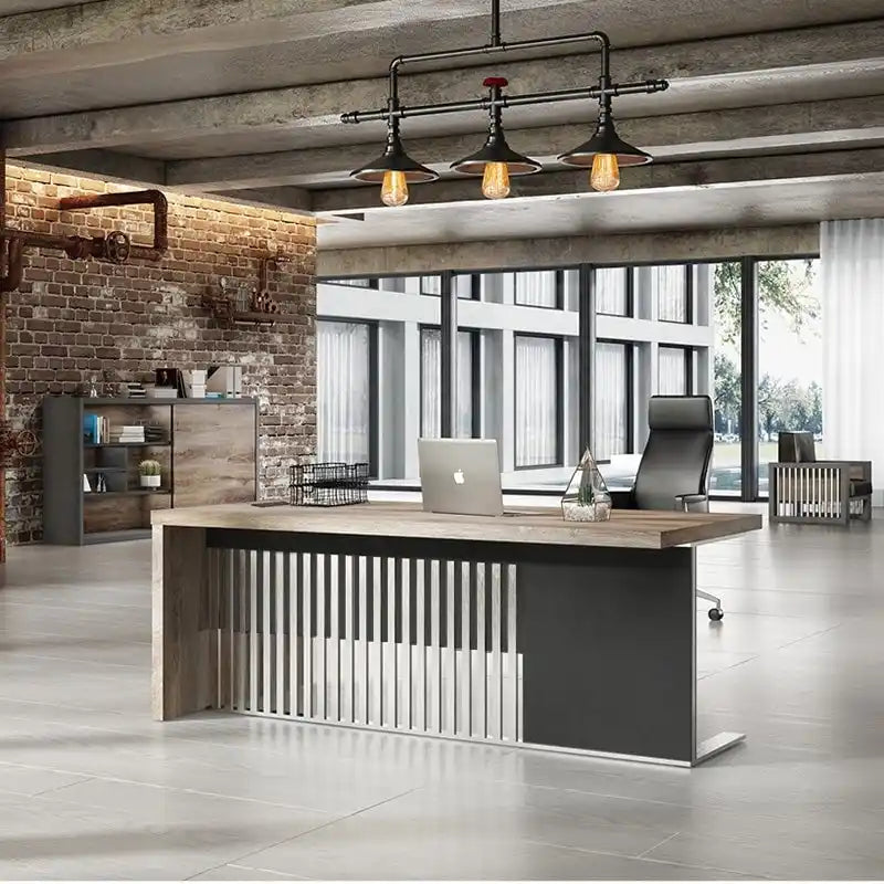 Bureau de direction en L avec plateau en bois et cadre en acier