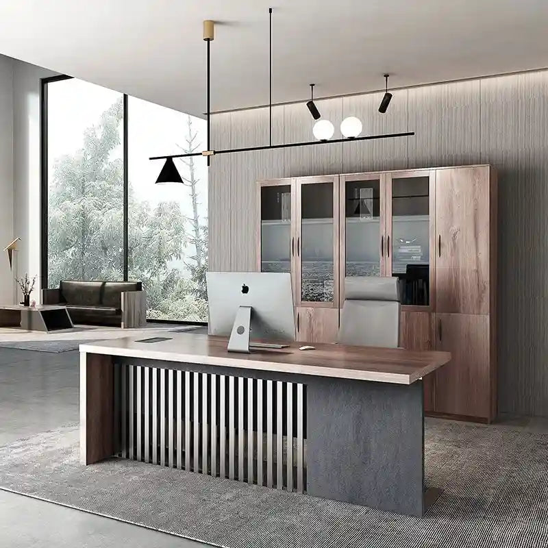 Bureau de direction en L avec plateau en bois et cadre en acier