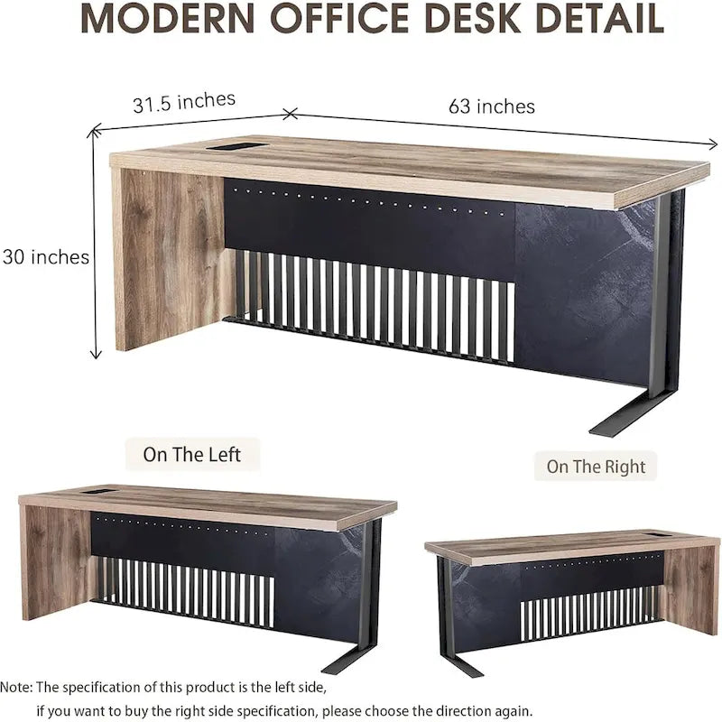 Bureau de direction en L avec plateau en bois et cadre en acier