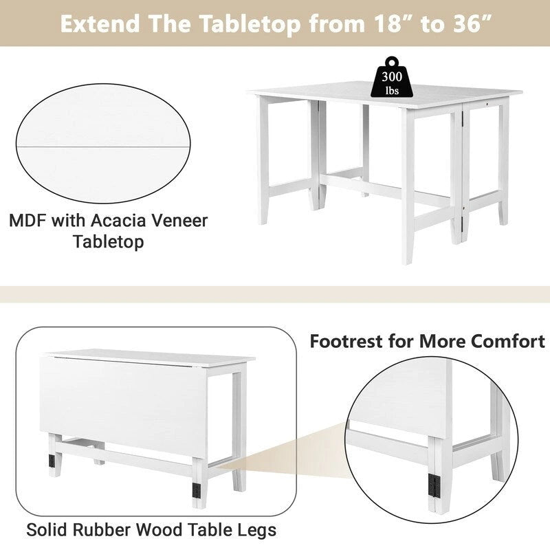 Table de salle à manger blanche avec plateau rabattable en bois d'acacia et pieds en caoutchouc