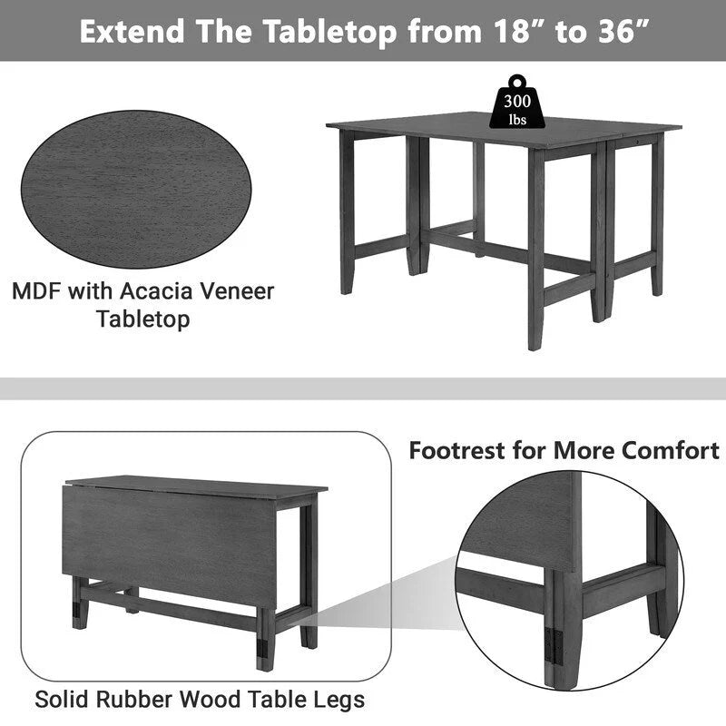 Table de salle à manger blanche avec plateau rabattable en bois d'acacia et pieds en caoutchouc