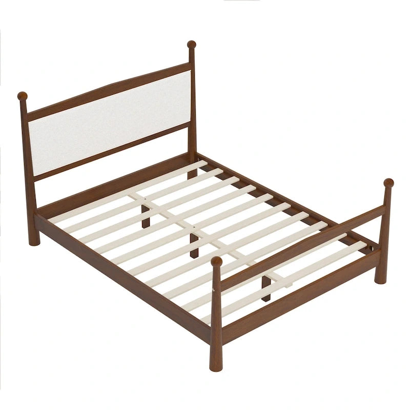 Lit plateforme mi-siècle en pin massif avec tête de lit capitonnée en bouclé, couleur marron naturel