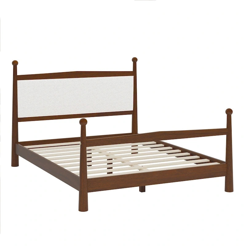Lit plateforme mi-siècle en pin massif avec tête de lit capitonnée en bouclé, couleur marron naturel