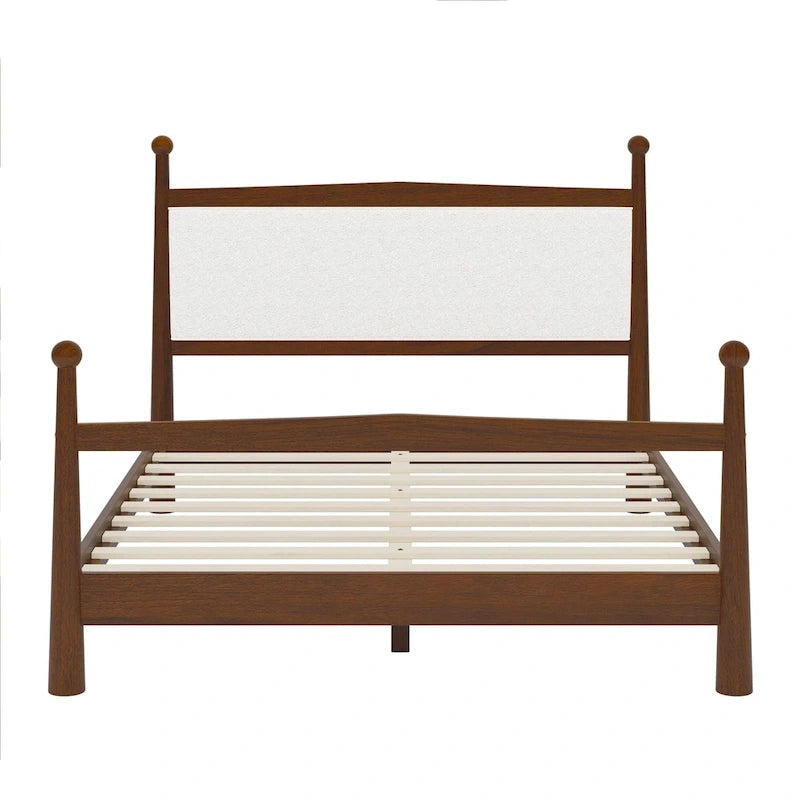 Lit plateforme mi-siècle en pin massif avec tête de lit capitonnée en bouclé, couleur marron naturel