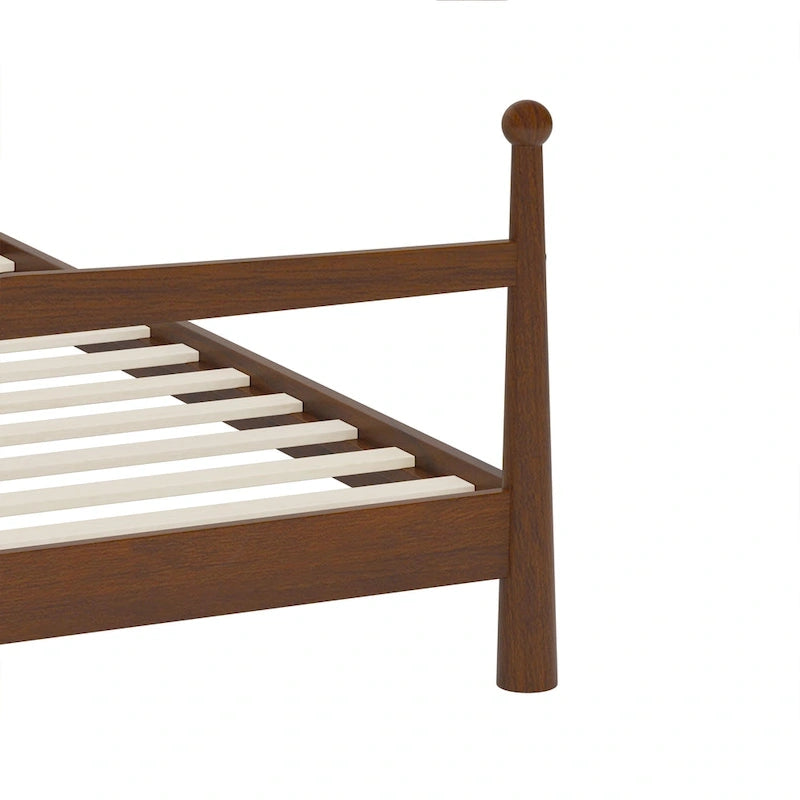 Lit plateforme mi-siècle en pin massif avec tête de lit capitonnée en bouclé, couleur marron naturel
