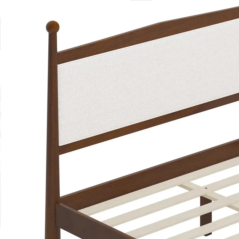 Lit plateforme mi-siècle en pin massif avec tête de lit capitonnée en bouclé, couleur marron naturel
