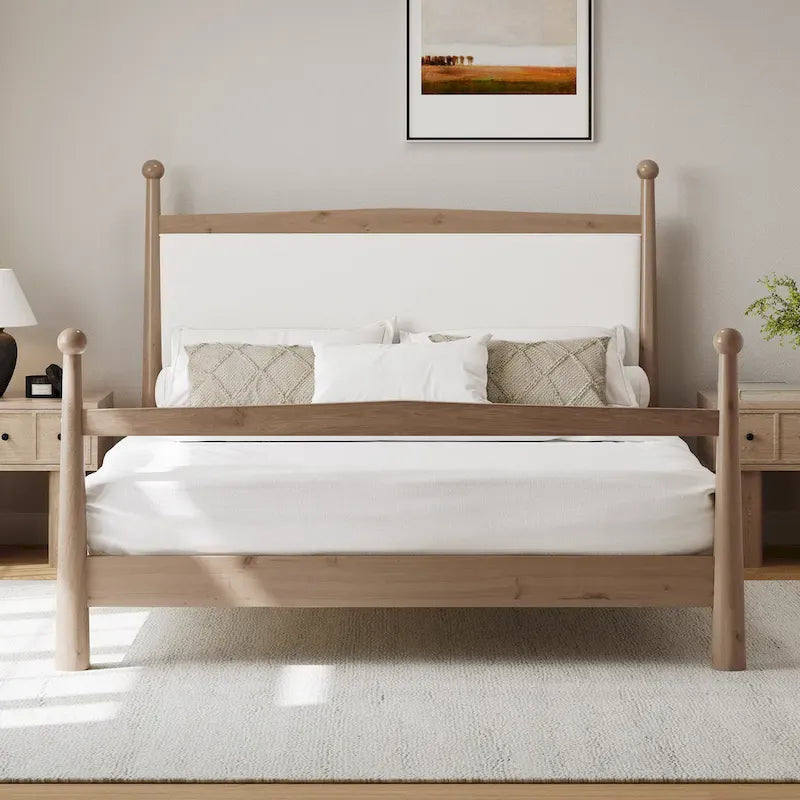 Lit plateforme mi-siècle en pin massif avec tête de lit capitonnée en bouclé, couleur marron naturel