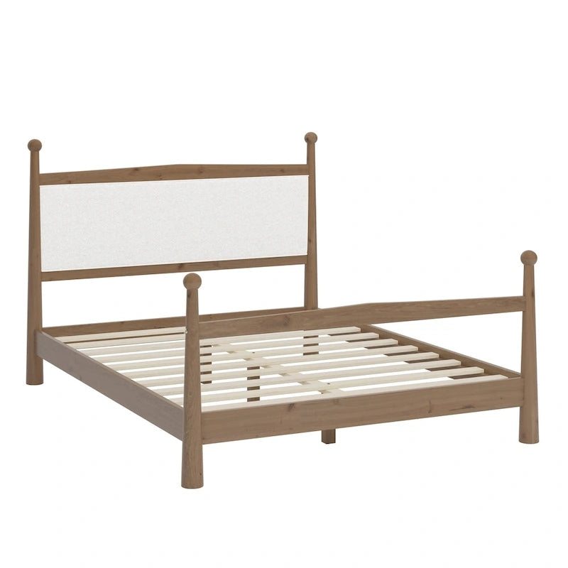 Lit plateforme mi-siècle en pin massif avec tête de lit capitonnée en bouclé, couleur marron naturel