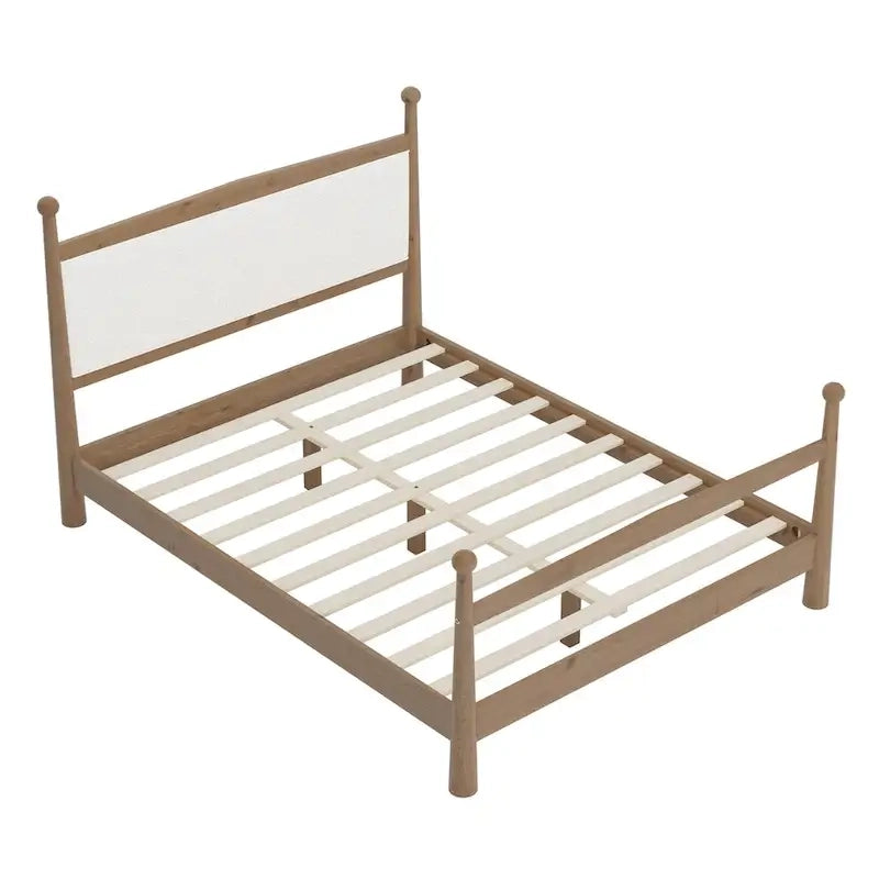 Lit plateforme mi-siècle en pin massif avec tête de lit capitonnée en bouclé, couleur marron naturel