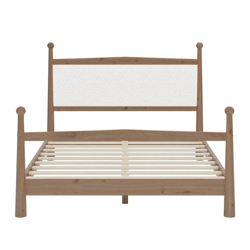 Lit plateforme mi-siècle en pin massif avec tête de lit capitonnée en bouclé, couleur marron naturel