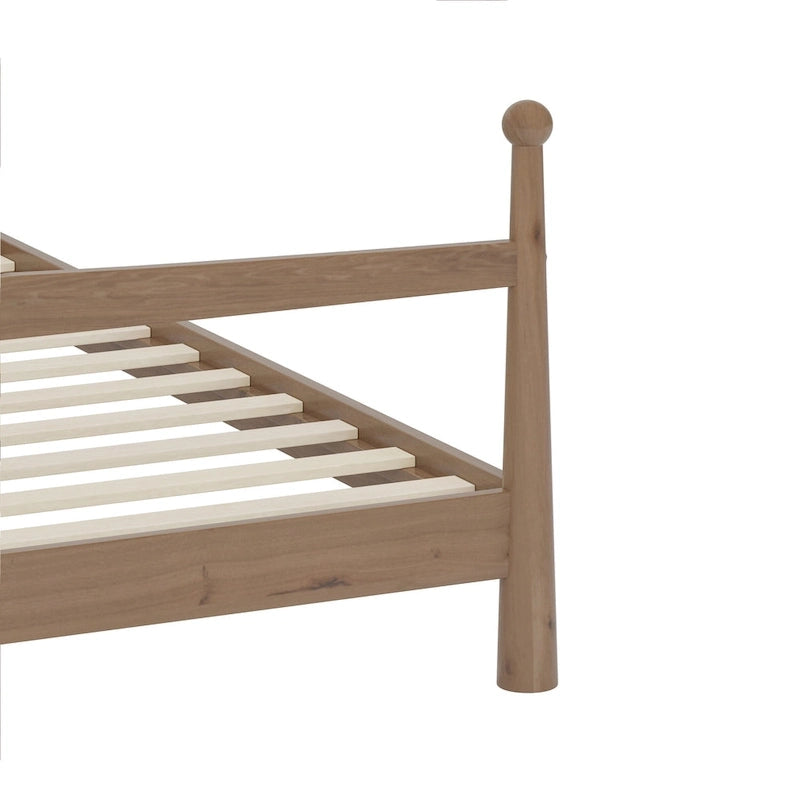 Lit plateforme mi-siècle en pin massif avec tête de lit capitonnée en bouclé, couleur marron naturel