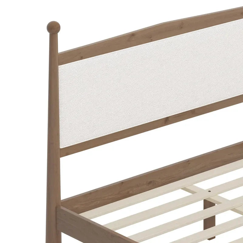 Lit plateforme mi-siècle en pin massif avec tête de lit capitonnée en bouclé, couleur marron naturel